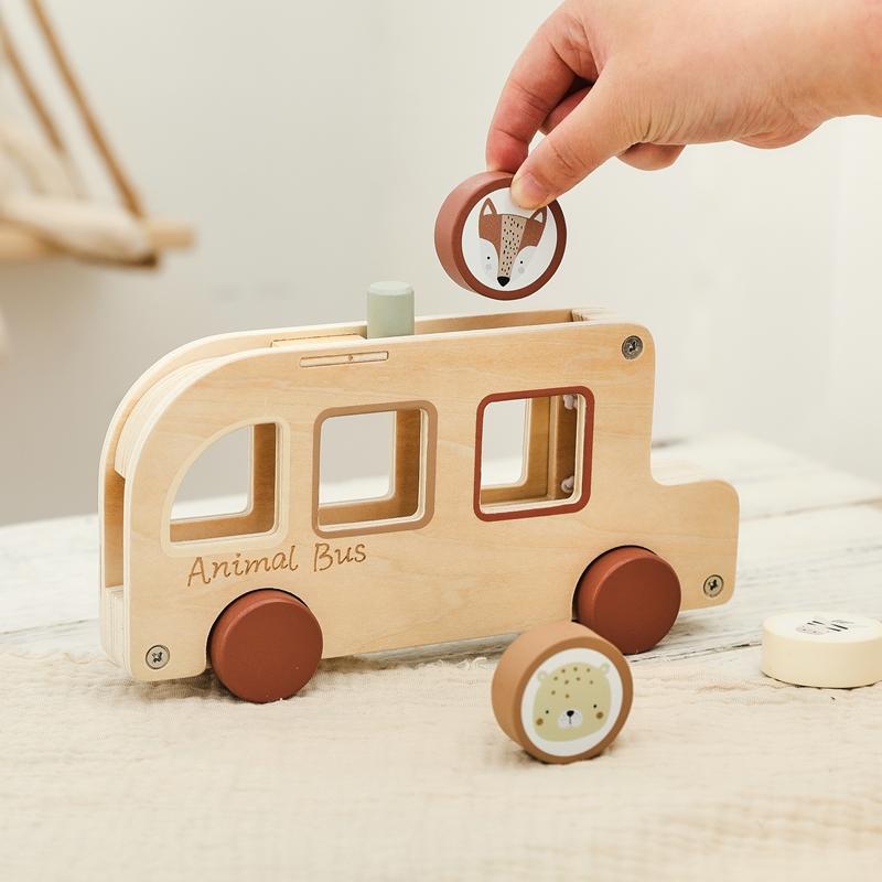 Baby Montessori Toy Wooden Cartoon Animal Bus Baby Finger Fine Movement Toy Traffic Simulation Game Wooden Baby Hand-pushed Car