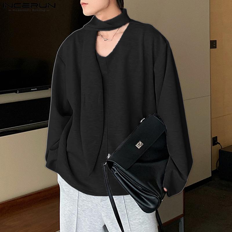 INCERUN Men Oversized Tie Up Long Sleeve Solid Casual Loose Pullovers Tops