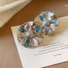 Vintage Petal Pearl Flower Earrings Women Blue Crystal Inlaid Luxury Ear Jewelry