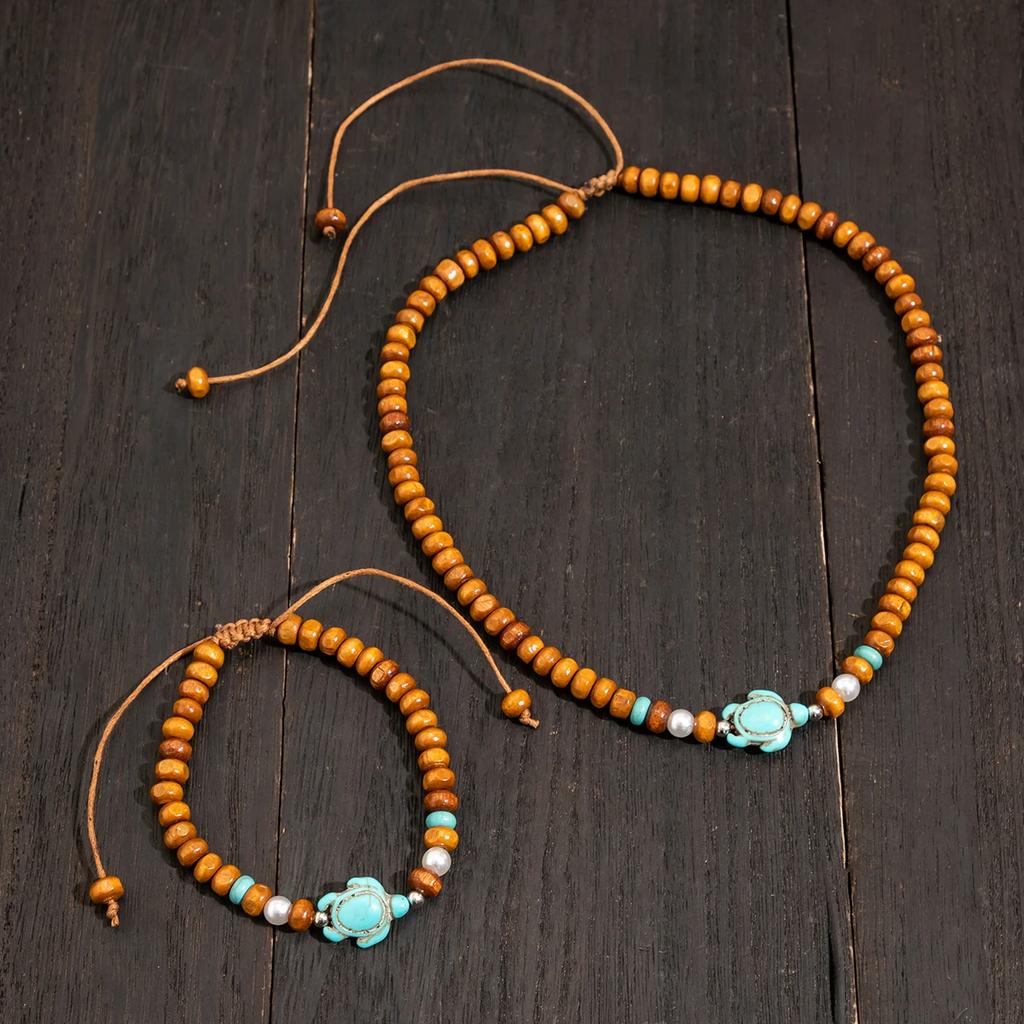 Small Wood Beads Chains with Turtle Choker Necklace and Bracelect Set Men Trendy Beaded Accessories on Neck/Hand Fashion Jewelry