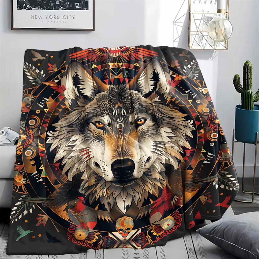 Primitive Wolf Print Flannel Blanket, High quality Comfortable for All Seasons, Home Decor, Warmth and Comfort, Perfect for Christmas Gifts