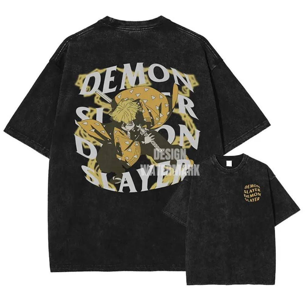 Demon Slayer Kamado Tanjiro Hinokami Kagura Vintage Washed Double Sided Print T-Shirt, Unisex Oversized Streetwear, Anime Fan Gift