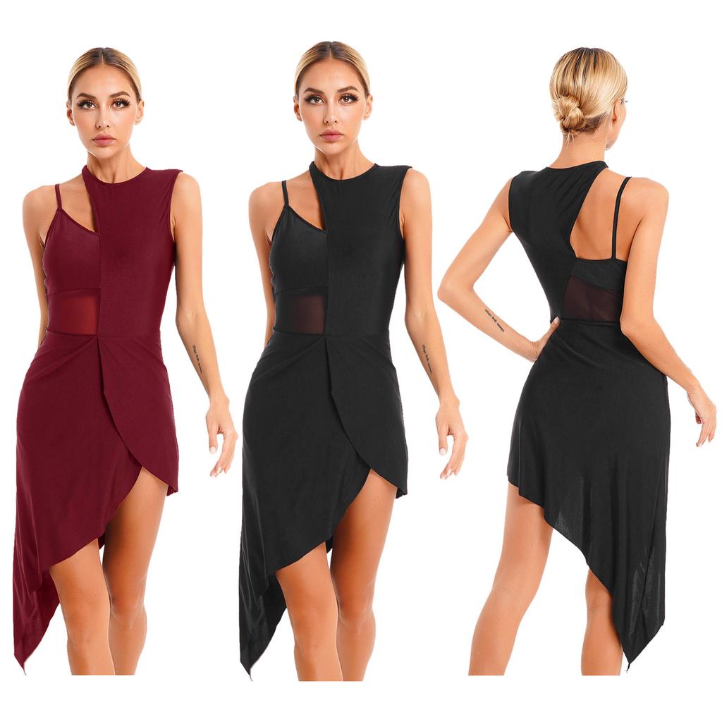 Dámské taneční oblečení pro vystoupení ze síťoviny Patchwork Vysoká Nízká Lyrická scéna Šaty na sambu