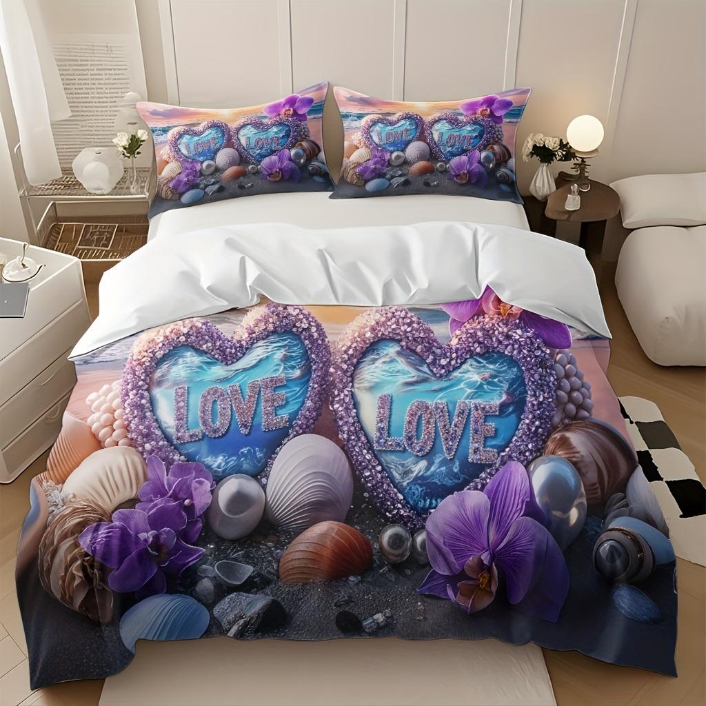 

3pcs Purple Bedding Set Love Heart Shell 3D Printed Cozy Duvet Cover King Queen Twin Size Birthday Gift for Adult Bedroom Decor EU Single 135x200cm