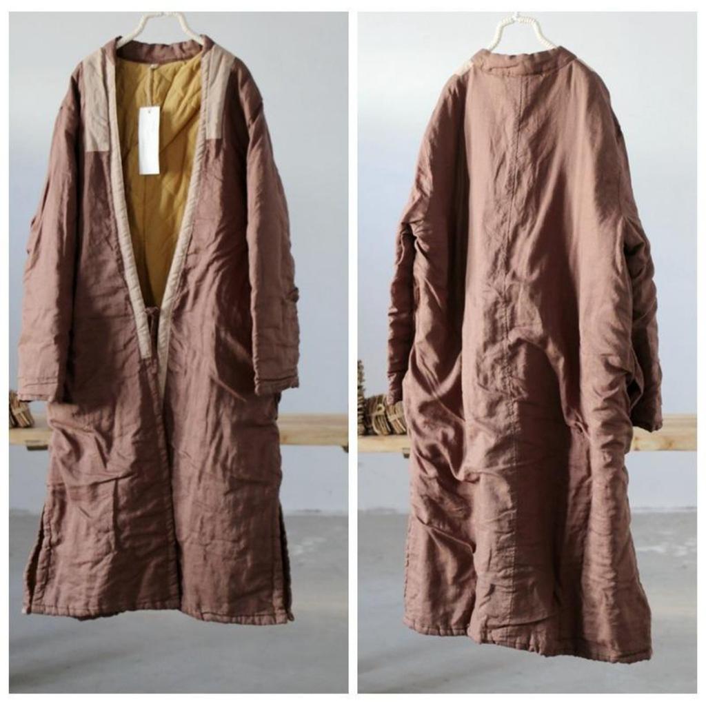 Kadın Çin Tarzı Patchwork Renk Parkas V Yaka Uzun Kollu Kış Sıcak Mont Keten Vintage Gevşek Parkas