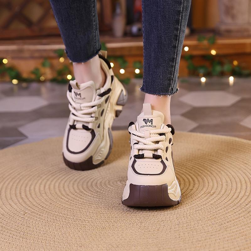 Inner height-increasing dad shoes women's spring new leather thick-soled versatile foot-showing small sports shoes