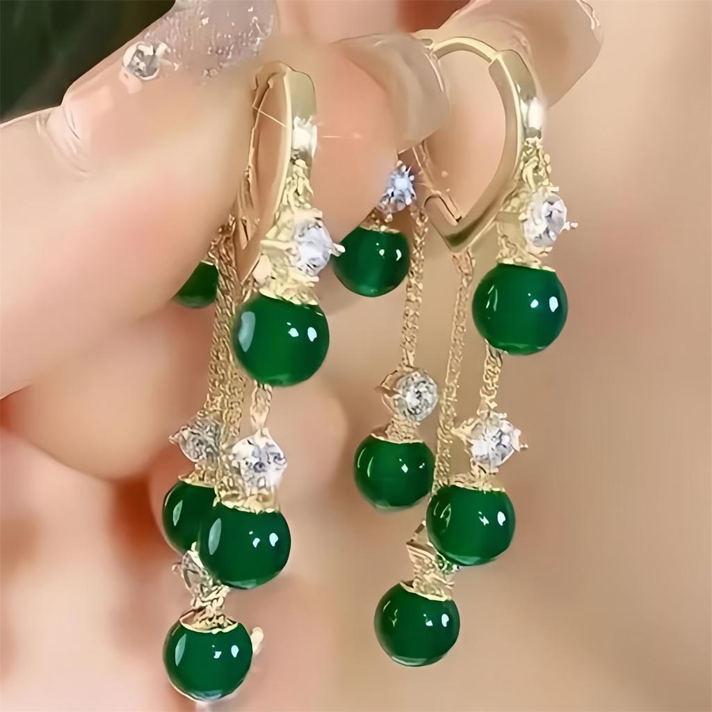 Glamorous Green Stone Tassel Earrings Inlaid Rhinestones Delicate Dangle Design for Daily Wear Or Weddings Fashionable Accessories To Enchant