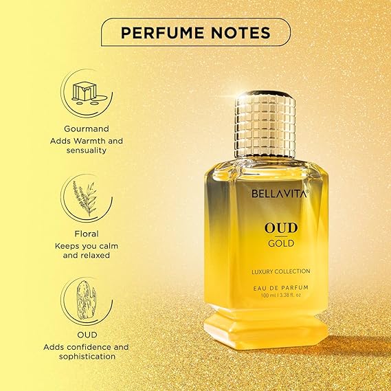 Bella Vita Luxury OUD GOLD Eau De Parfum Intense Perfume for Men with Caramel, Orris, Rose, Jasmine |Woody Long Lasting EDP Fragrance Scent 100 ml