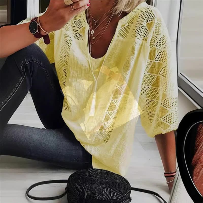 

Женские топы больших размеров Летняя мода Белые рубашки Женский U-образный вырез Короткий рукав Хлопковая рубашка Повседневная Свободная Блузка с кружевной отделкой Одежда 5XL жёлтый