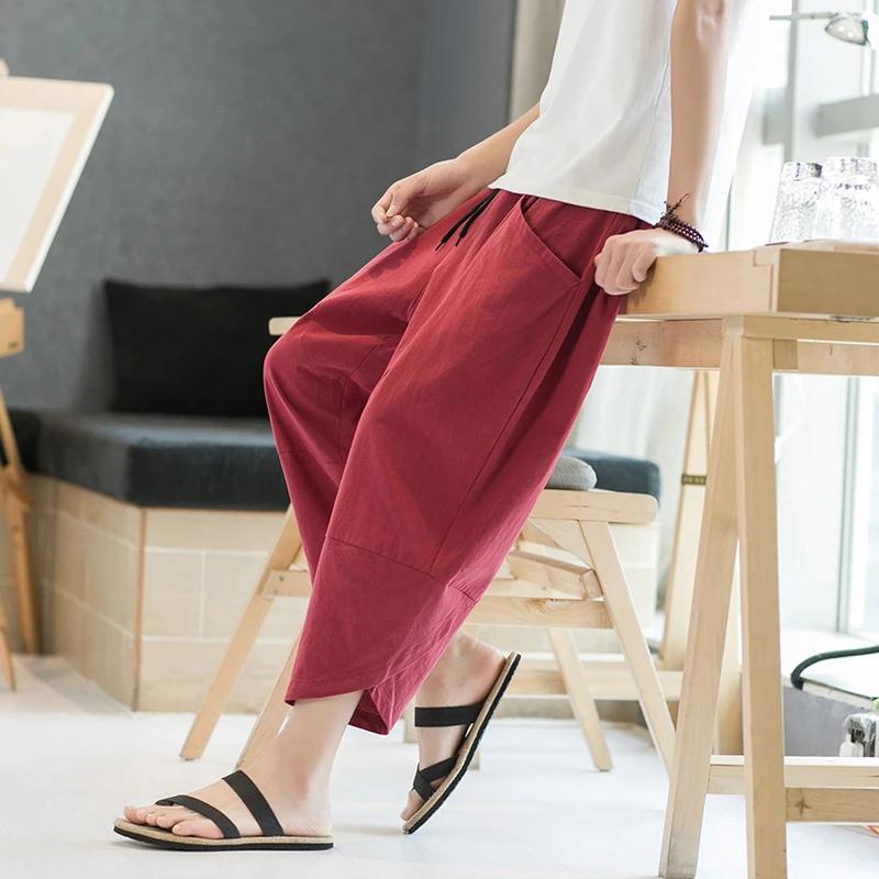 Men Chinese Style Cotton Beach Pants Men Retro Streetwear Calf-Lenght Bottoms Man Casual Traditional Trousers Summer Harem Pants