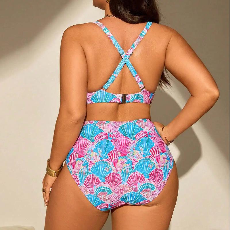 Women's Plus Size Underwire Push Up Bikini Set, Seashell Print High Waist Two Piece Swimsuit