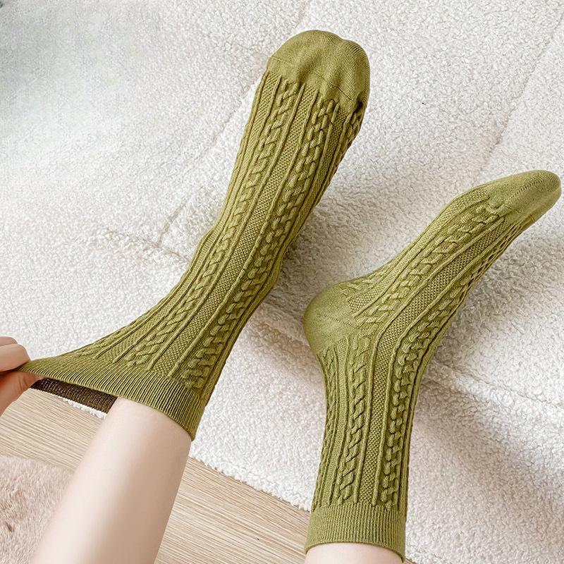 Women's Autumn and Winter Cashmere Mid-calf Socks, Twisted Boneless Long Socks, Solid Color Thickened Warm Women's Wool Socks