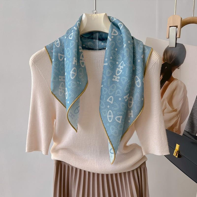 Blue silk wool scarf women s 2025 new winter high-end windproof shawl silk wool square scarf silk scarf 65*65cm