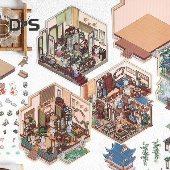 4Pcs DIY Scene Stickers 3D Miniature House Stickers Set Reusable Easy To Use DIY Projects Bookstore Scene Stickers