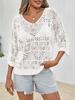 Women's Crochet Hollow Out Cover Up Top Off Shoulder Three Quarter Sleeve Mesh Beachwear