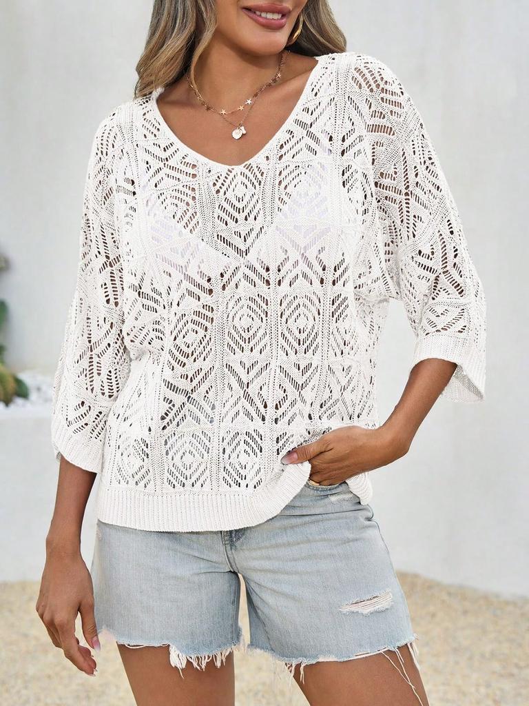 Women's Crochet Hollow Out Cover Up Top Off Shoulder Three Quarter Sleeve Mesh Beachwear