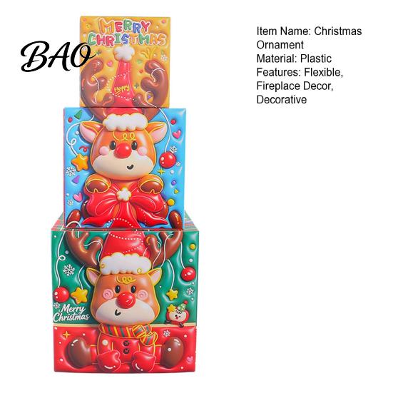 Plastic Festive Storage Bins 3Pcs Christmas Stackable Gift Box, Layered Cube Boxes with Santa Holiday Containers Snowman Reindeer, Tabletop