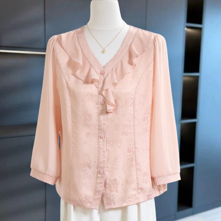 

Women s Plus Size Lace Ruffle V-Neck Top - Casual Fashion Mother s Wear 4XL (135-150 jin) розовый