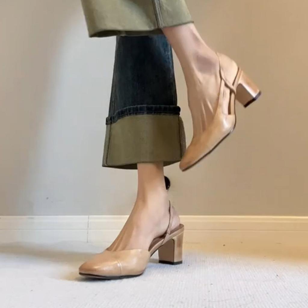 Sheepskin Version~ French Retro Literary and Artistic Style One-pedal High-heeled Sandals Women's Round Head Back Strap Leather Toe Shoes