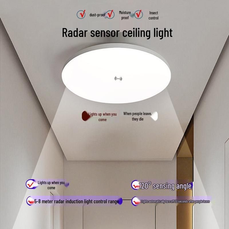 Ultra-thin Radar Induction Ceiling Light: Voice and Motion Activated for Stairwells and Corridors, Waterproof and Dustproof