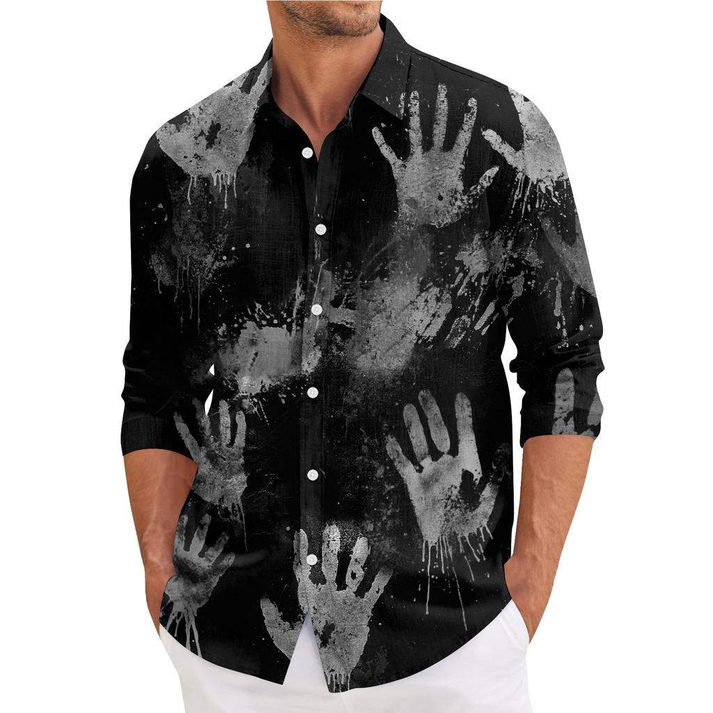 Camicia da uomo a maniche lunghe con bottoni, vestibilità ampia, casual, a tema Halloween, stampa, tessuto comodo e leggero