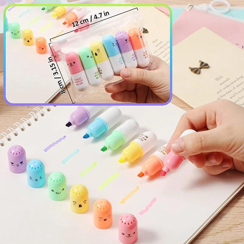 6 ks Kawaii Mini pilulky Zvýrazňovač Pero Kolekce Rozkošný Vtipný Usmívající se Tvář Fluorescenční Fixka Školní Kancelářské Umělecké Psací Potřeby