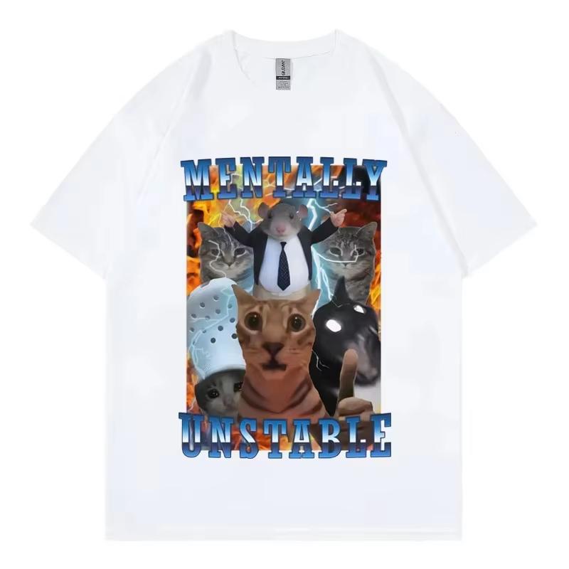 Vintage Unisextally Unstable Funny Cat Meme T Shirt WoUnisex Clothing Fashion Y2k Tshirt Summer Casual Tshirts Streetwear