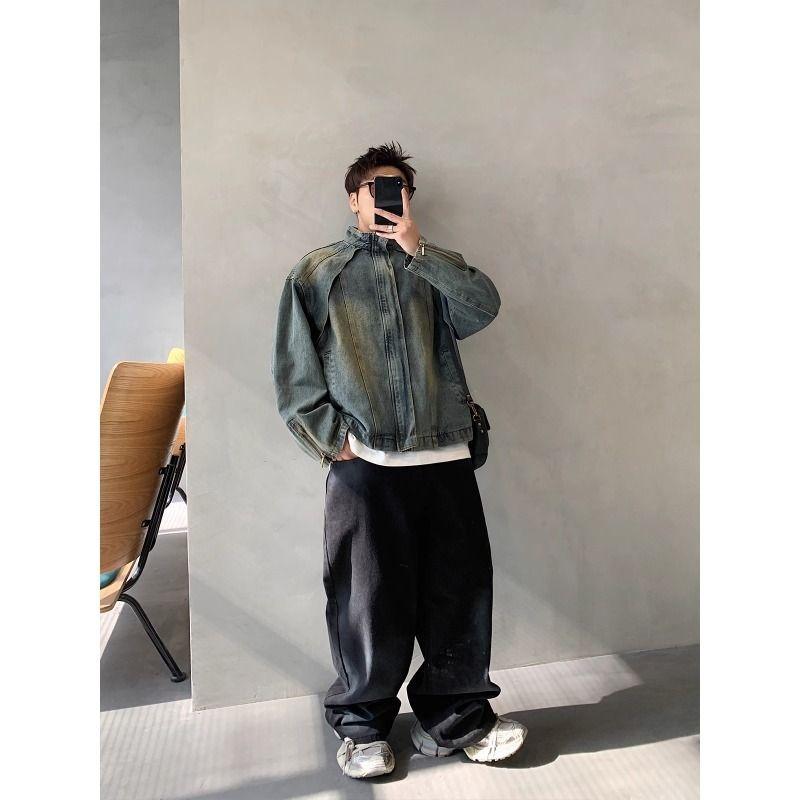 Spring Retro Washed Design Stand-Up Collar Denim Jacket Trendy Brand