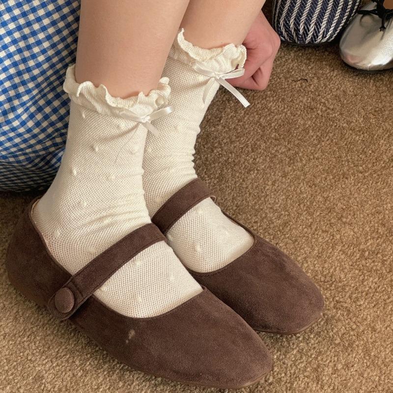 Cute Black Ear-trimmed Mid-calf Socks, Spring and Summer Bow Polka Dot Cotton Socks, Sweat-absorbing and Breathable Boneless Socks for Women