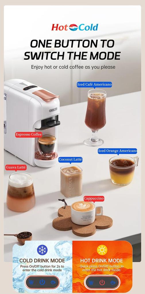 New Cafelffe 5 in 1 Multiple Capsule Coffee Machine Hot/Cold DG Cappuccino Nespresso Capsule ESE Pod Ground Coffee Cafeteria 19Bar,MK-606