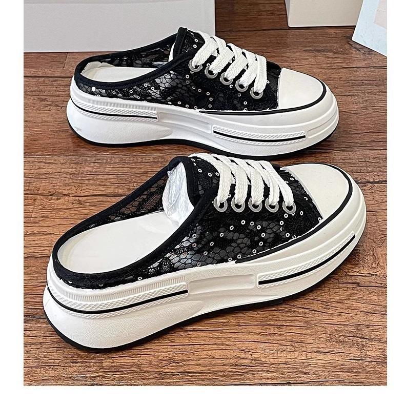 2024 summer new one-pedal bag head mesh hollow hole sandals half drag women wear ins thick-soled sandals