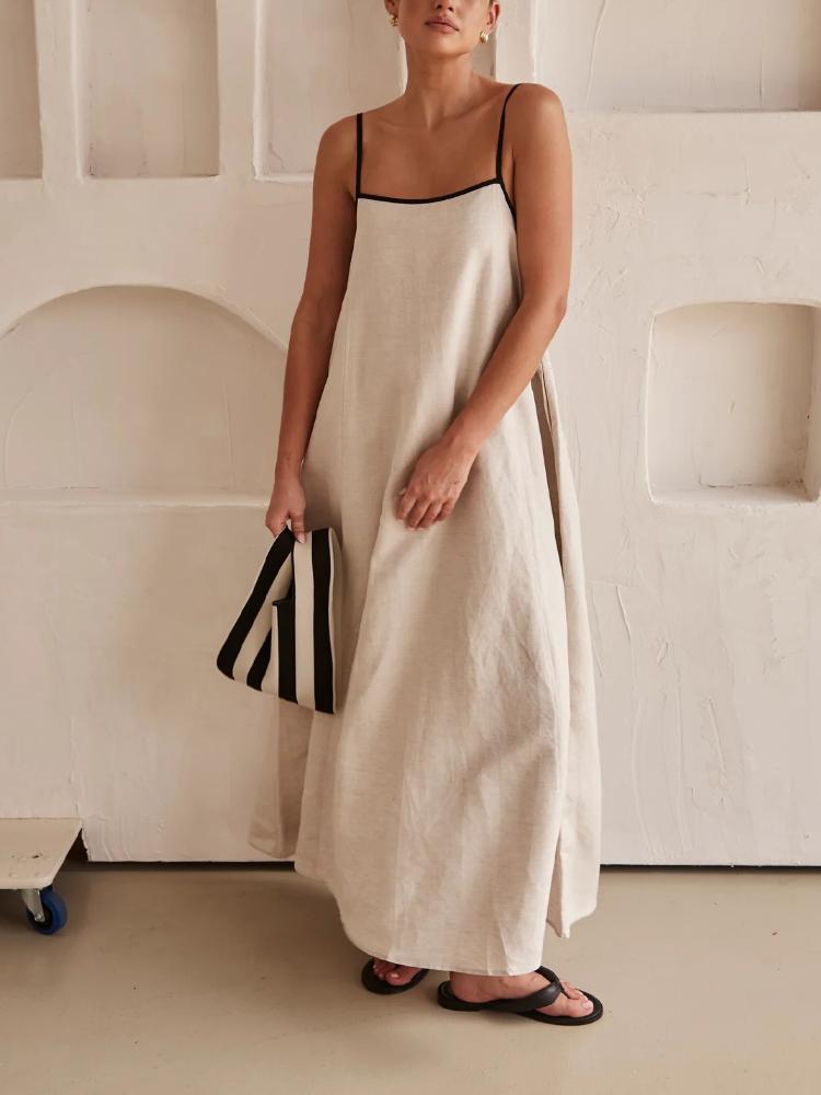 Fashion Contrasting Color Cotton Camisole Dress Spring and Summer Women Simple Loose Ventilate Large Hem Vacation Leisure Dress