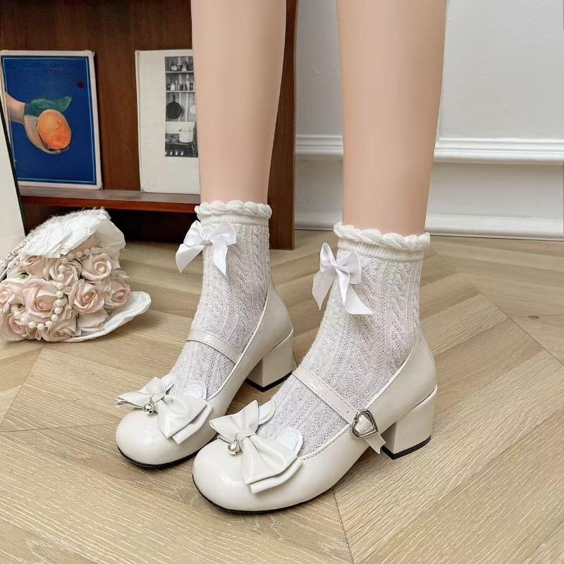 Fashion Square Heel Shoes Summer New Round Head Shallow Mouth Butterfly Knot Metal Buckle A Line with Non-slip High Heels