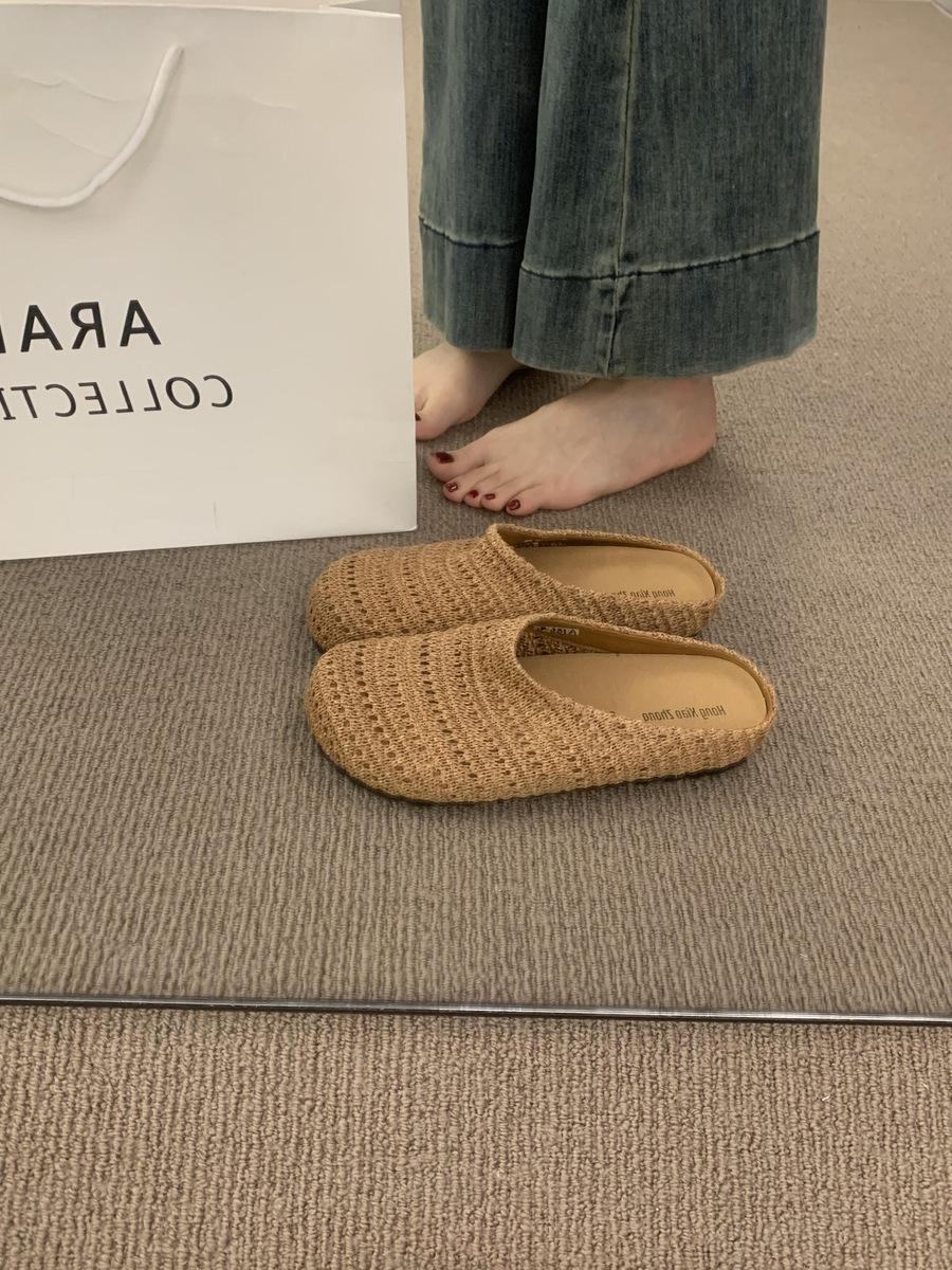 

French niche hand-woven hollow breathable bag head half slippers women s summer wear Roman style thick-soled Muller shoes 39
