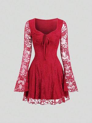 French Spicy Retro Lace Mini Dress with Square Neck and Tie-Up Long Sleeves