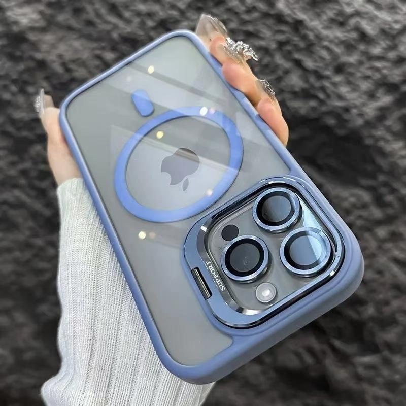 Luxury Magnetic Shockproof Phone Case For iPhone 16 Pro Max 16E 15 14 13 12 11 Plus Pro Funda Stand Glass Lens Protection Cover