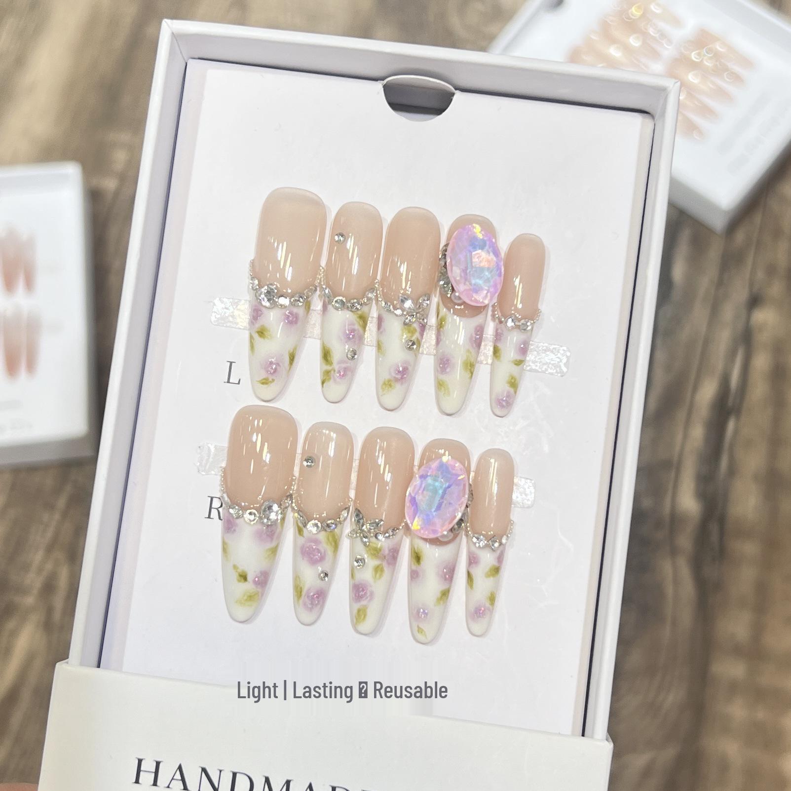 

Dorisun Crape Myrtle Wearable Nails - Handmade French Rose with Zircon Diamond Large