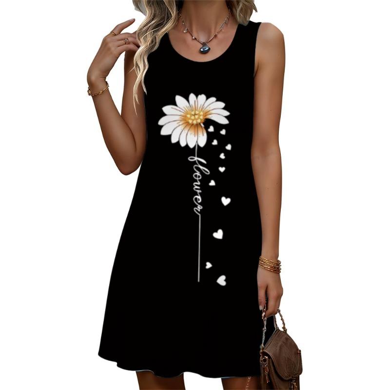 Summer Sleeveless Floral Pattern Fashion Women Mini Dresses  Prined Beach Casual Ladies Dress  Plus Size Loose Dress