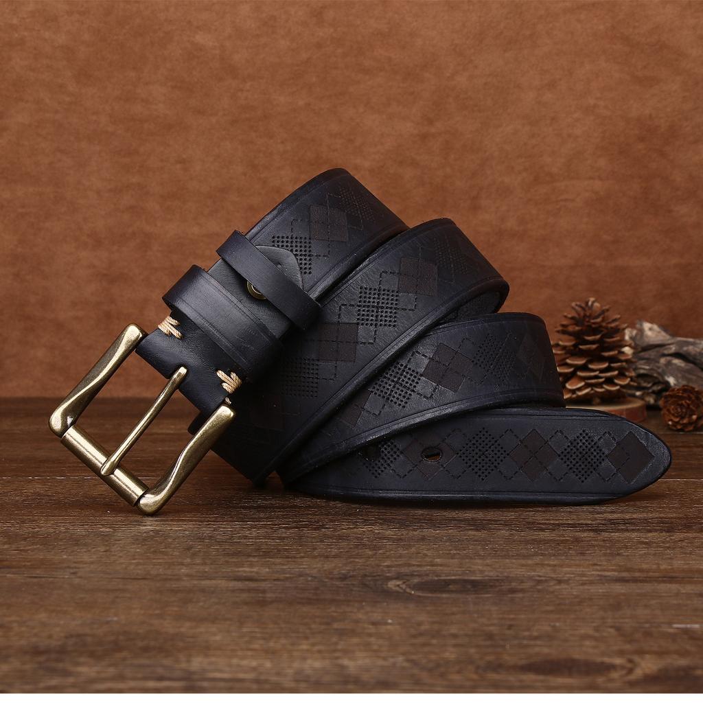3.8CM Wide and Thick Fashionable Laser Engraved Belt for Men, Made of Aged Pure Cowhide Leather Belt