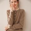 Women's Color Block Cashmere Sweater - Round Neck, Buttoned, Loose Fit, Long Sleeve Contrasting Knit for Autumn/Winter.