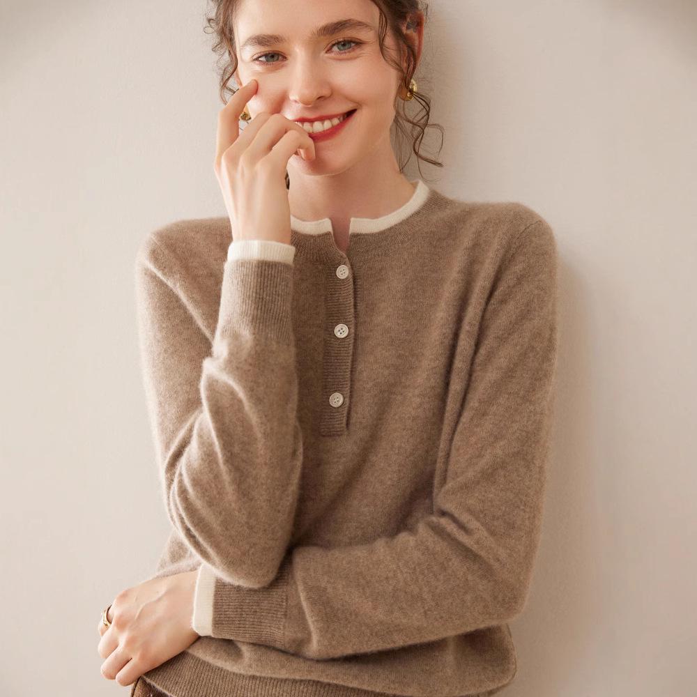 Women's Color Block Cashmere Sweater - Round Neck, Buttoned, Loose Fit, Long Sleeve Contrasting Knit for Autumn/Winter.