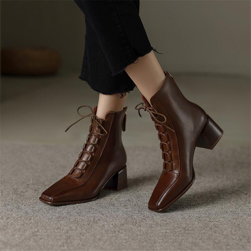 Fashion 2025 Autumn Women Boots Square Toe Back Zipper Women Shoes Chunky Heels Shoes for Women High Heel Boots Vintage Leather Shoes