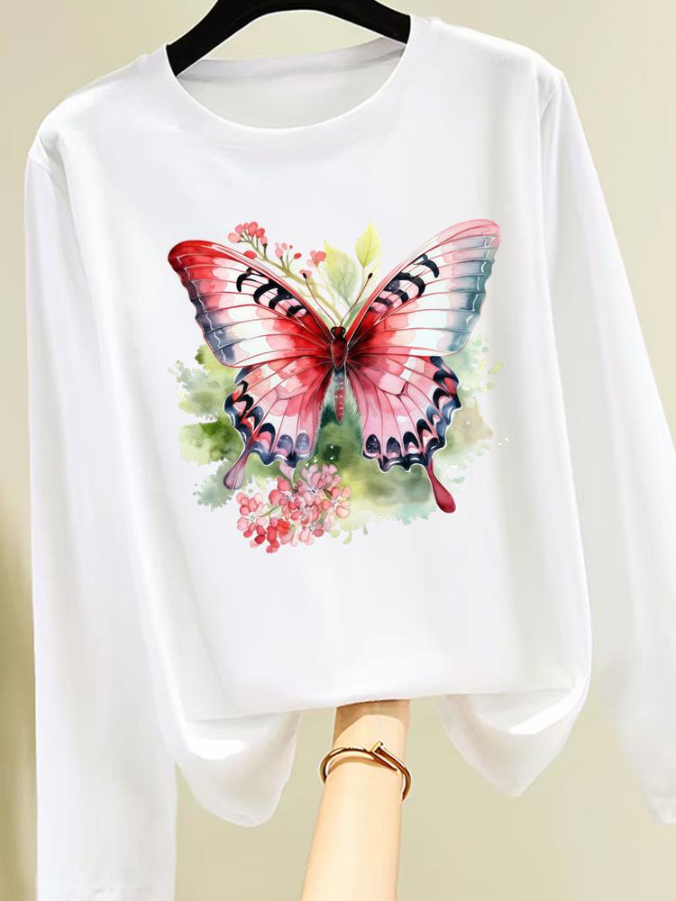 (Asian Size) flower cute 90s Print T Shirt Women Clothing Tee autumn winter spring Casual Fashion Top o-neck Graphic Long Sleeve T-shirts