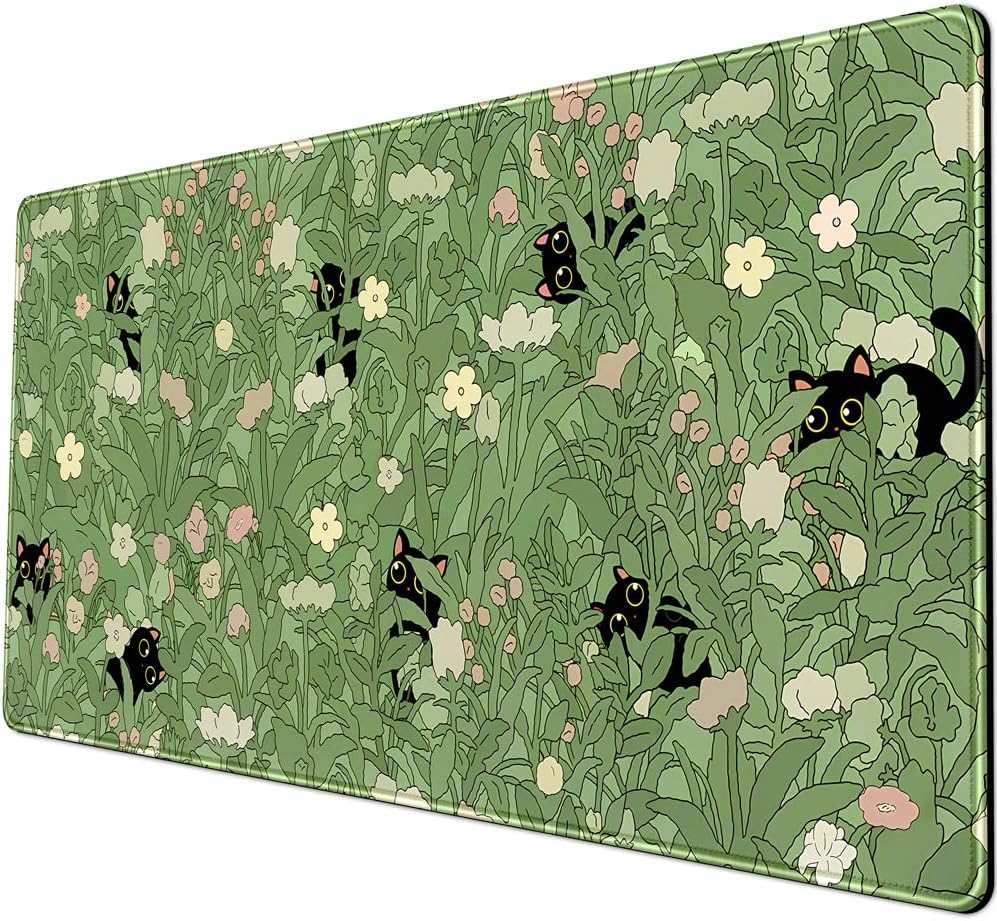 Cute cat flower plant pattern large table mat suitable for office game and home decoration Green 40*80*0.2cm