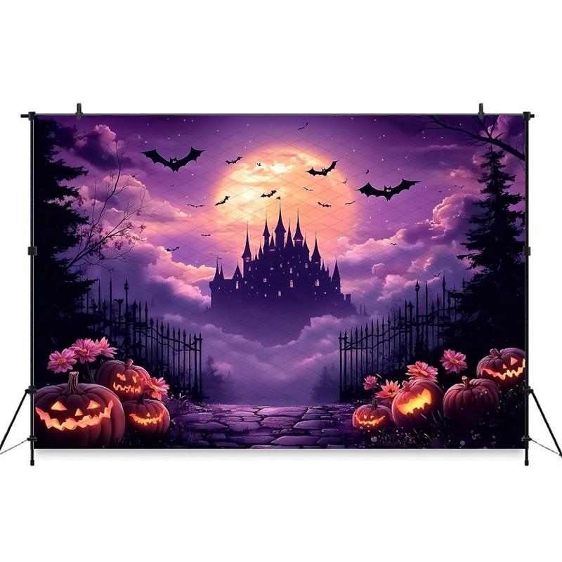Mocsicka Halloween Photography Background Purple Sky Castle Bat Autumn Leaf Pumpkin Party Decorations Baby Photo Backdrop Banner