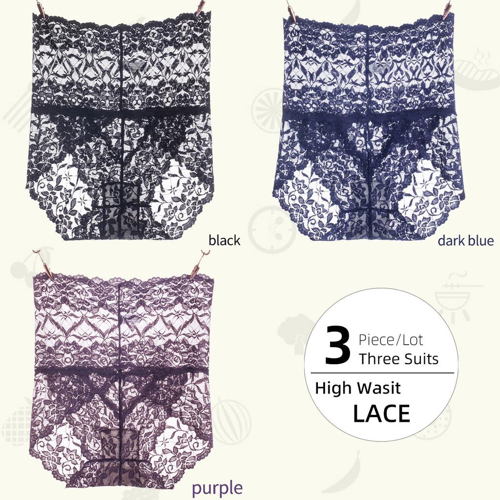 3Pieces/Lot High Waist Light Sexy Elastic Lace Women's Panties, Pure Cotton Crotch Comfortable Non-marking Breathable Lightweight Underwear Briefs