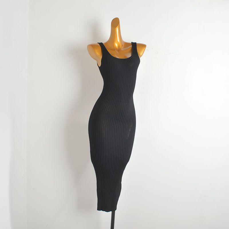 

French Sexy Open Back Knitting Vest Dress Women s Summer New Arrival Pure Color Sleeveless Silm Slim Looking Sheath Dress Black