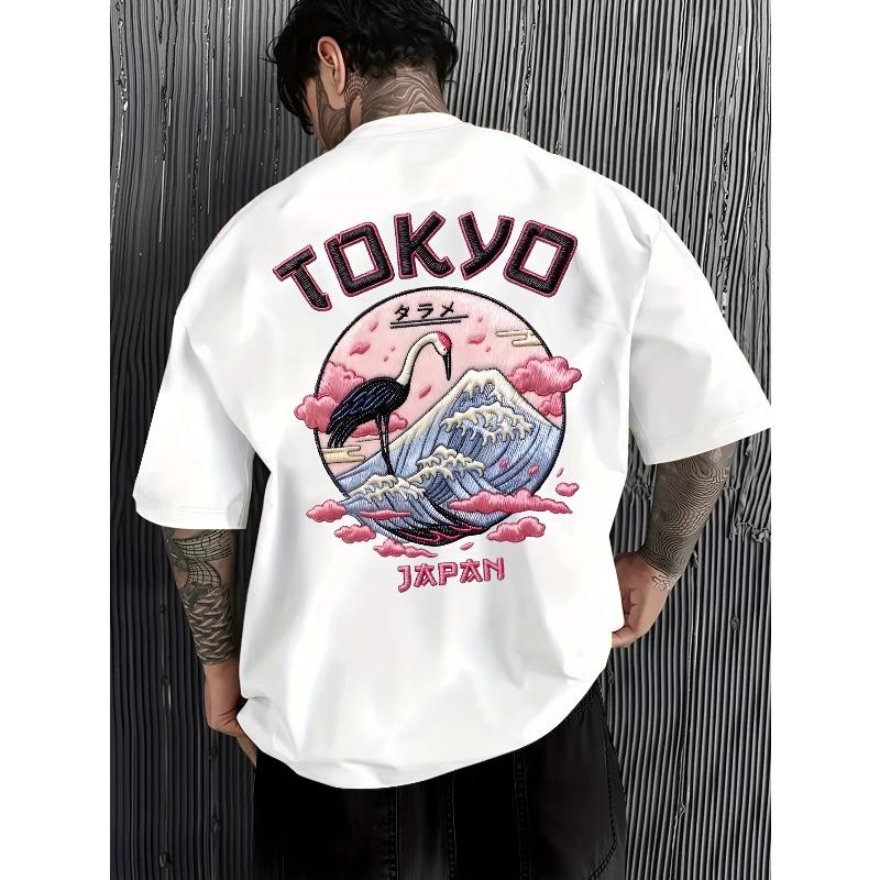 European Sizes Japanese-Style Crane Print T-Shirt with Embroidered Effect, Trendy Street Fashion, Breathable And Comfortable
