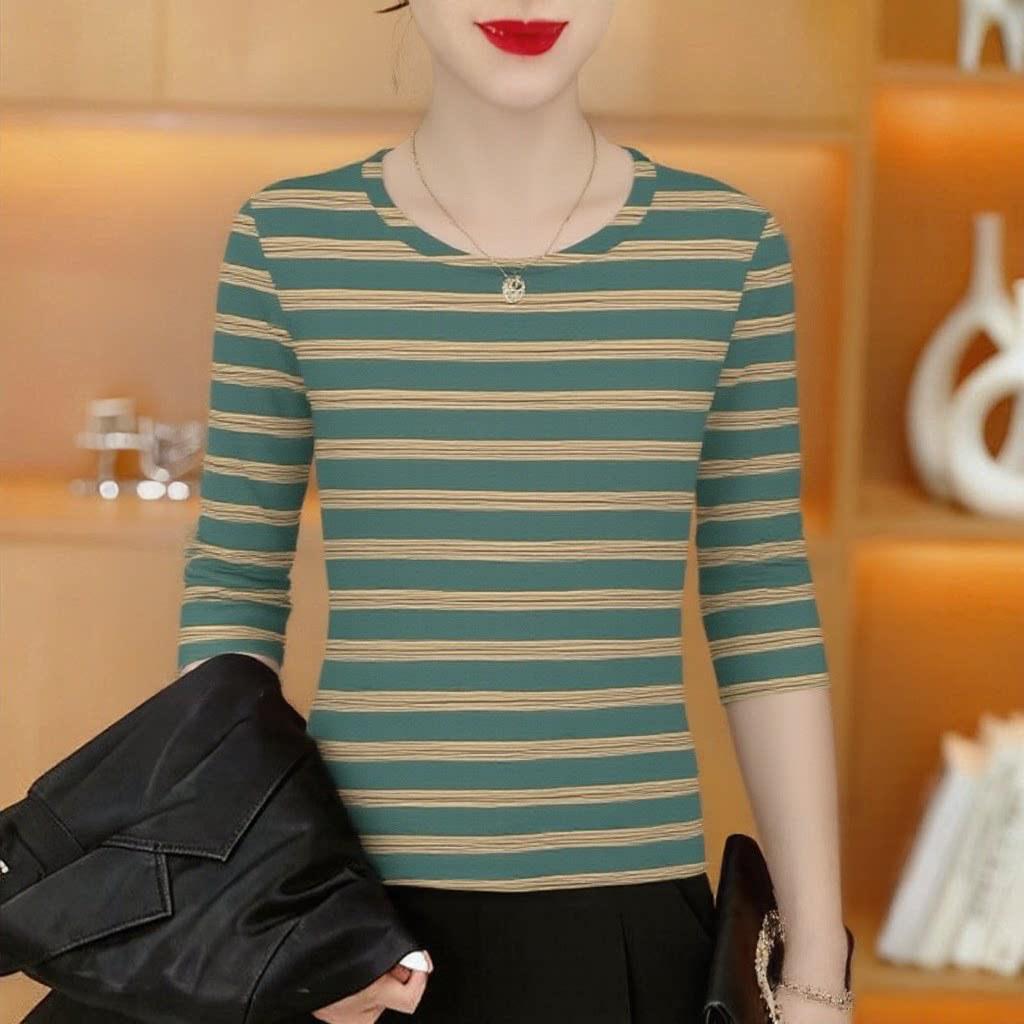

Women s Casual Striped Long Sleeve T-Shirt, Round Neck, Loose Fit, Plus Size, Mom Style - Fashionable, Age-Reducing, Outerwear Option Triple Extra Large