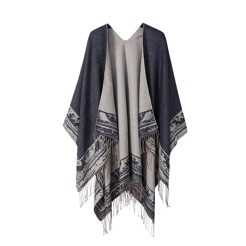 Women's European & American Double-Sided Solid Color Cape Shawl with Striped Edge